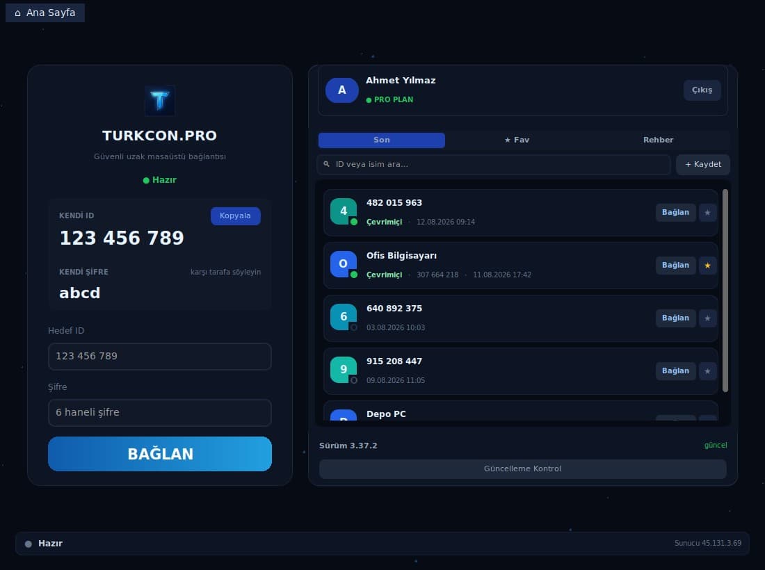 TURKCON.PRO ana ekranı: kendi ID ve şifre, hedef ID girişi